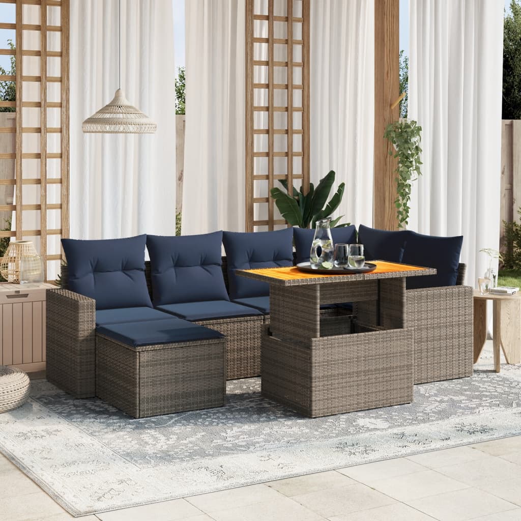 7 pcs conjunto sofás p/ jardim c/ almofadões vime PE cinzento