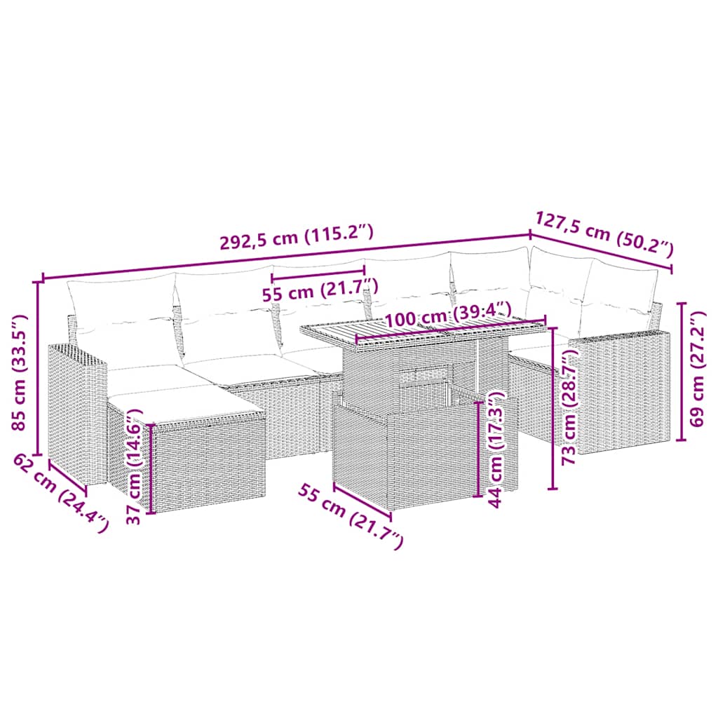 8 pcs conjunto de sofás p/ jardim com almofadões vime PE bege