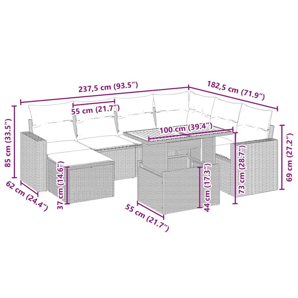 8 pcs conjunto de sofás p/ jardim com almofadões vime PE bege