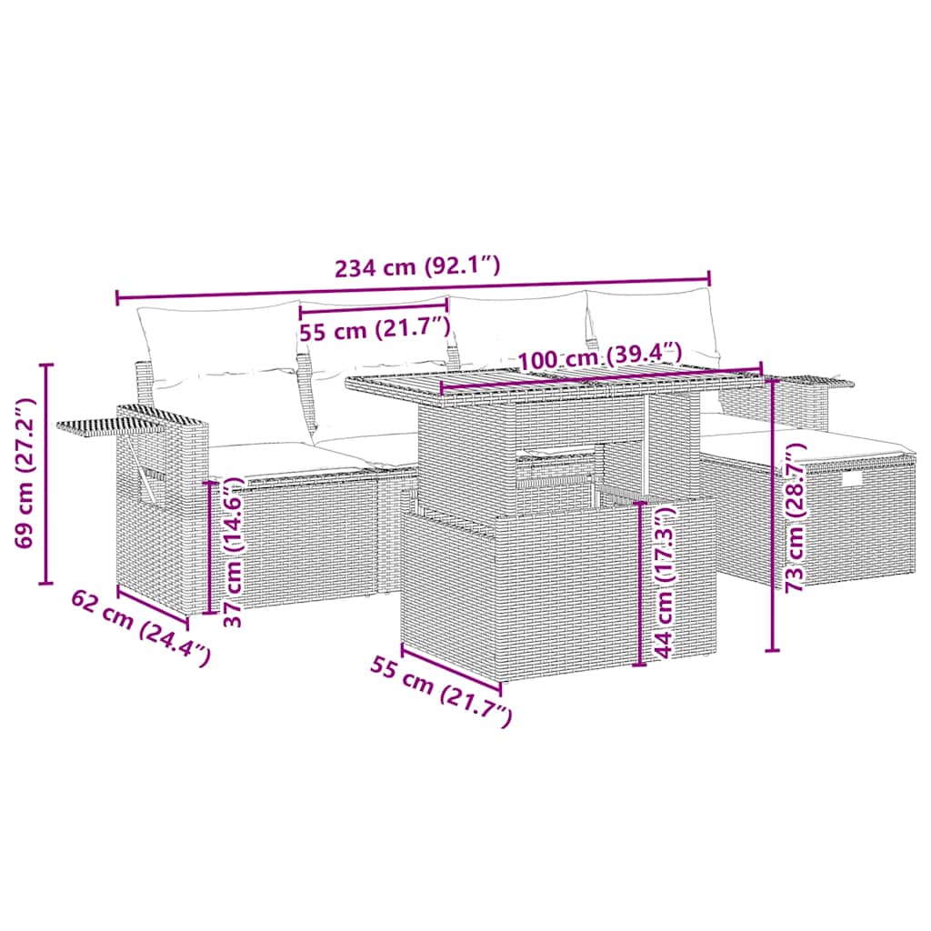 6 pcs conjunto de sofás p/ jardim com almofadões vime PE bege