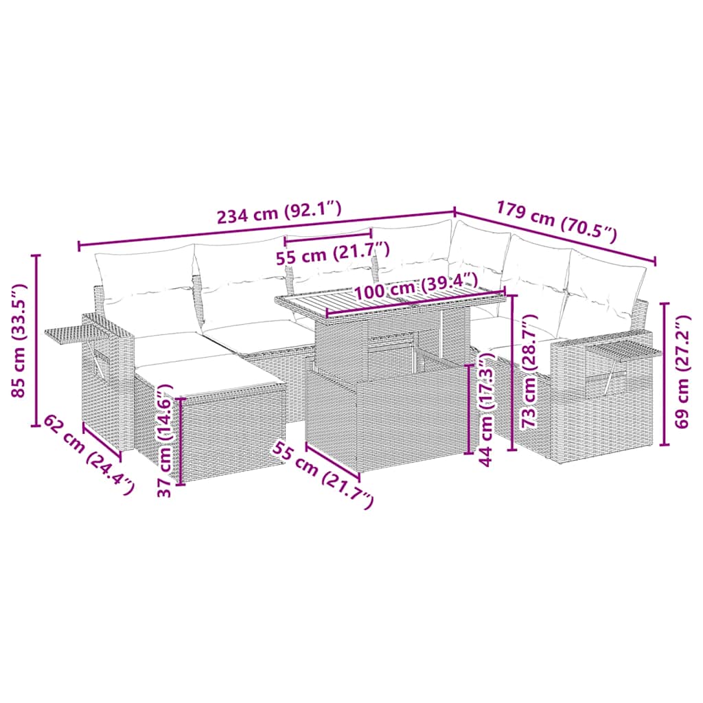 8 pcs conjunto de sofás p/ jardim com almofadões vime PE bege