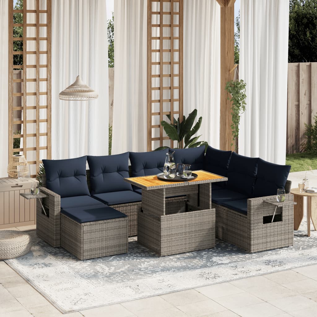 8 pcs conjunto sofás p/ jardim c/ almofadões vime PE cinzento