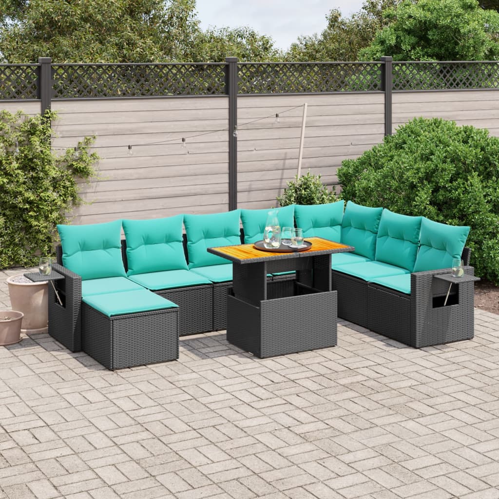 9 pcs conjunto de sofás p/ jardim c/ almofadões vime PE preto