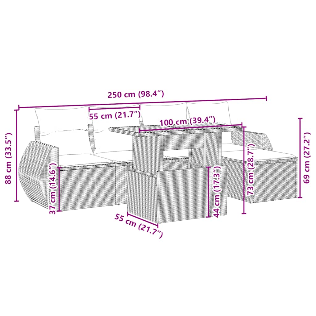 6 pcs conjunto de sofás p/ jardim com almofadões vime PE bege