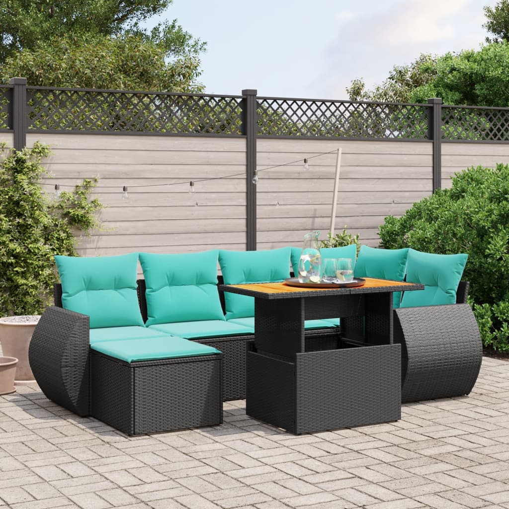 7 pcs conjunto de sofás p/ jardim c/ almofadões vime PE preto