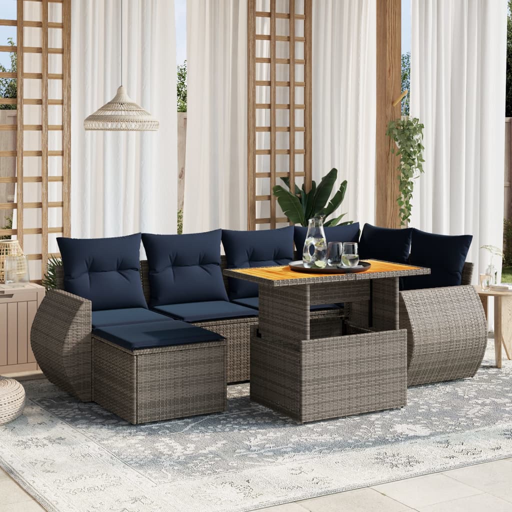 7 pcs conjunto sofás p/ jardim c/ almofadões vime PE cinzento