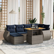 7 pcs conjunto sofás p/ jardim c/ almofadões vime PE cinzento