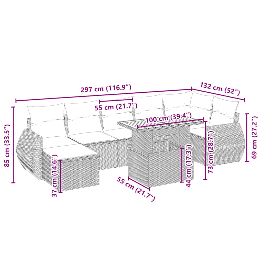 8 pcs conjunto de sofás p/ jardim com almofadões vime PE bege