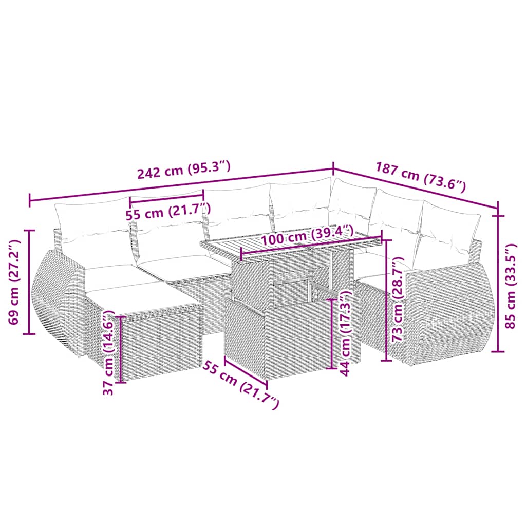 8 pcs conjunto de sofás p/ jardim com almofadões vime PE bege
