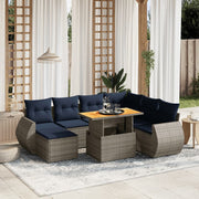 8 pcs conjunto sofás p/ jardim c/ almofadões vime PE cinzento