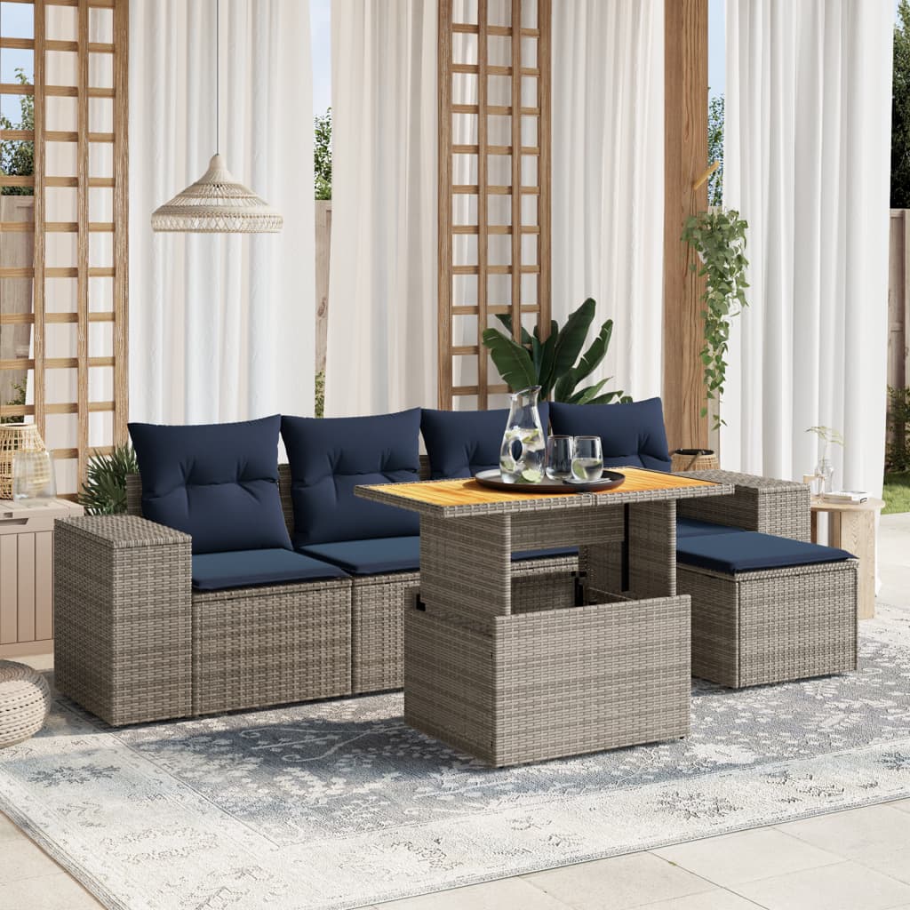 6 pcs conjunto sofás p/ jardim c/ almofadões vime PE cinzento