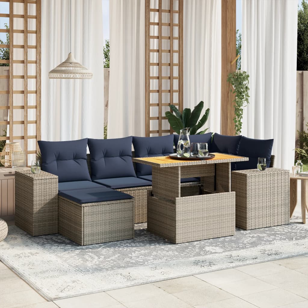 7 pcs conjunto sofás p/ jardim c/ almofadões vime PE cinzento