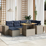 7 pcs conjunto sofás p/ jardim c/ almofadões vime PE cinzento