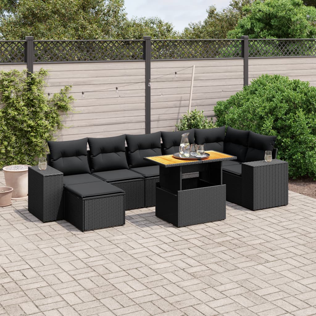 8 pcs conjunto sofás de jardim com almofadões vime PE preto