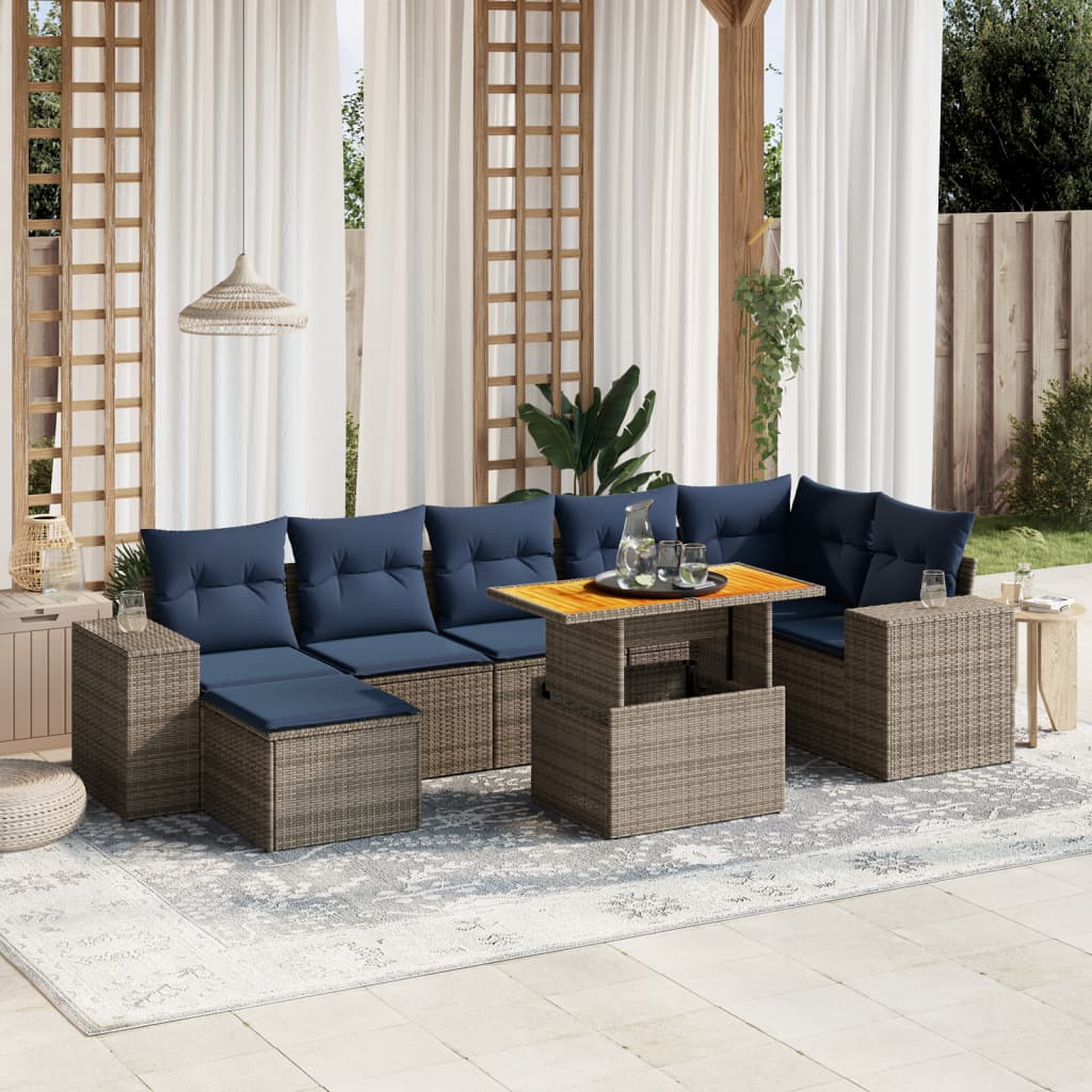 8 pcs conjunto sofás p/ jardim c/ almofadões vime PE cinzento