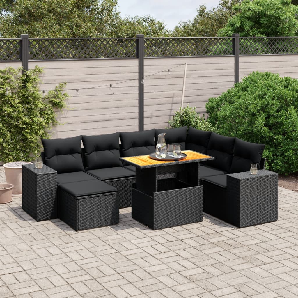 8 pcs conjunto sofás de jardim com almofadões vime PE preto