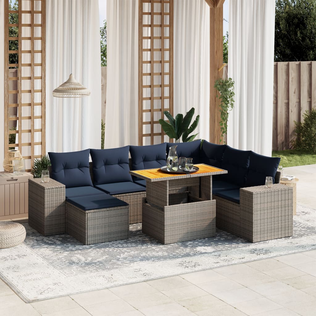 8 pcs conjunto sofás p/ jardim c/ almofadões vime PE cinzento