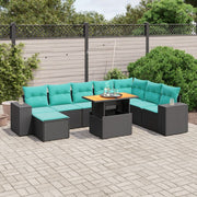 9 pcs conjunto de sofás p/ jardim c/ almofadões vime PE preto