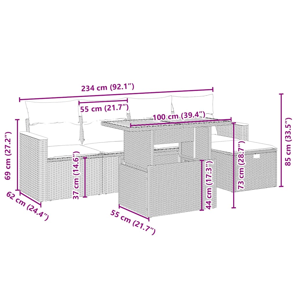 6 pcs conjunto de sofás p/ jardim com almofadões vime PE bege