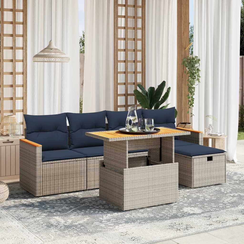 6 pcs conjunto sofás p/ jardim c/ almofadões vime PE cinzento