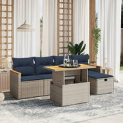 6 pcs conjunto sofás p/ jardim c/ almofadões vime PE cinzento