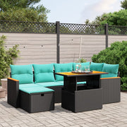 7 pcs conjunto de sofás p/ jardim c/ almofadões vime PE preto