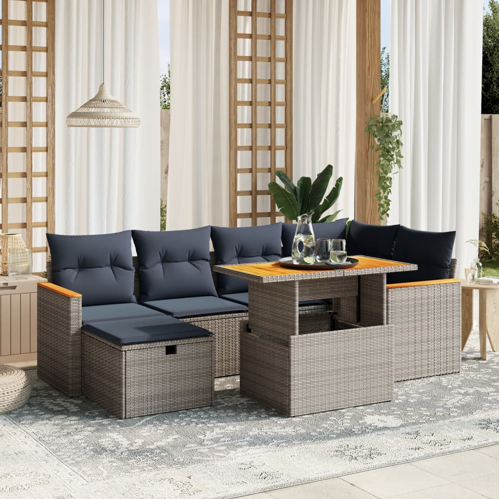 7 pcs conjunto sofás p/ jardim c/ almofadões vime PE cinzento