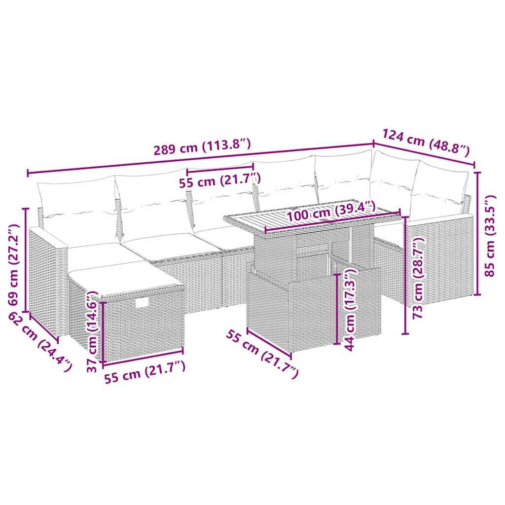 8 pcs conjunto de sofás p/ jardim com almofadões vime PE bege
