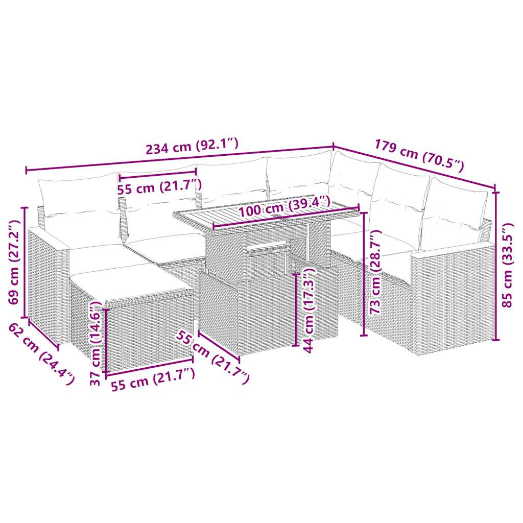 8 pcs conjunto de sofás p/ jardim com almofadões vime PE bege