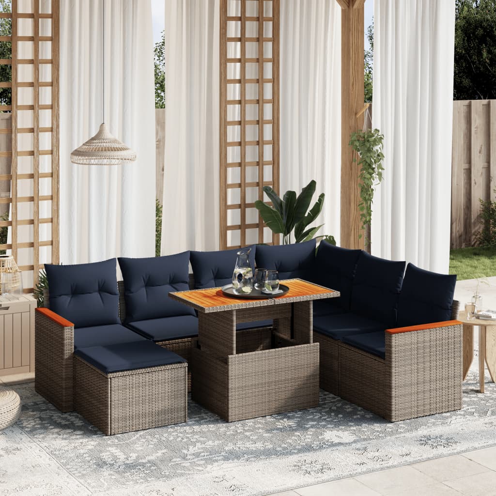 8 pcs conjunto sofás p/ jardim c/ almofadões vime PE cinzento