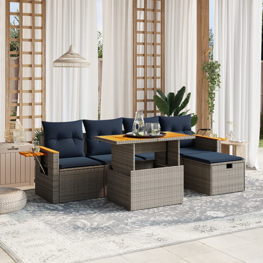 6 pcs conjunto sofás p/ jardim c/ almofadões vime PE cinzento