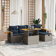 6 pcs conjunto sofás p/ jardim c/ almofadões vime PE cinzento