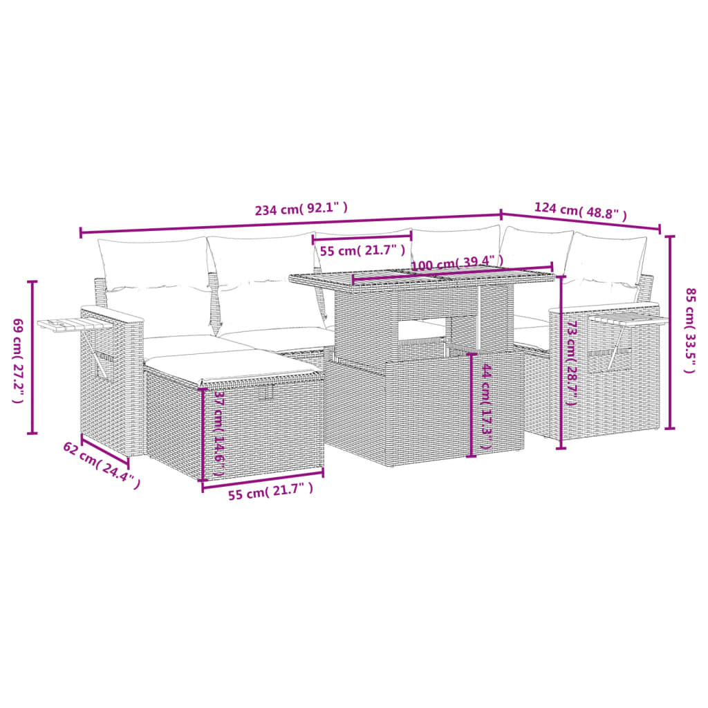 7 pcs conjunto de sofás p/ jardim com almofadões vime PE bege