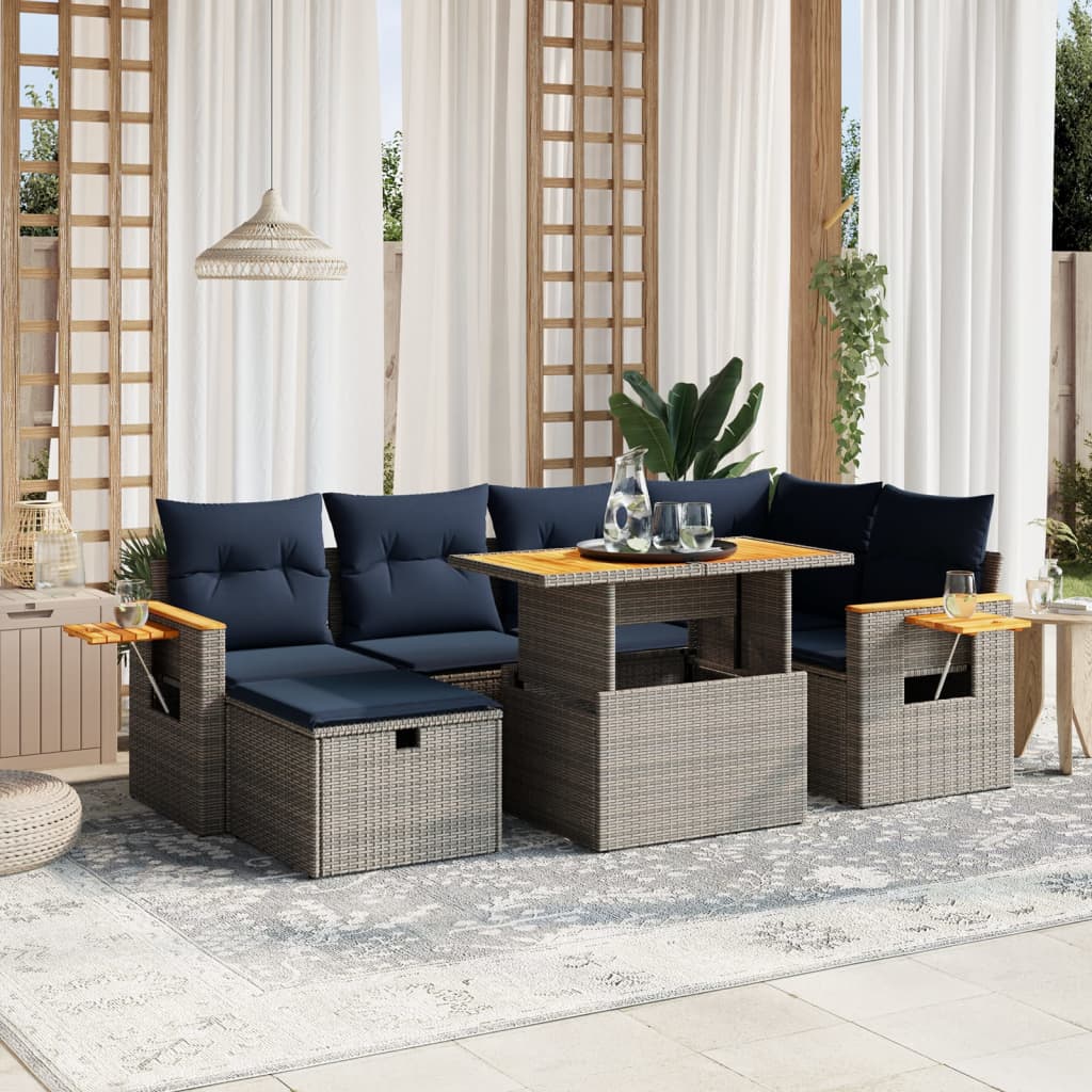 7 pcs conjunto sofás p/ jardim c/ almofadões vime PE cinzento