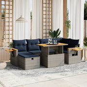 7 pcs conjunto sofás p/ jardim c/ almofadões vime PE cinzento