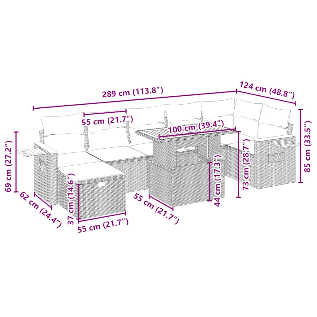 8 pcs conjunto de sofás p/ jardim com almofadões vime PE bege