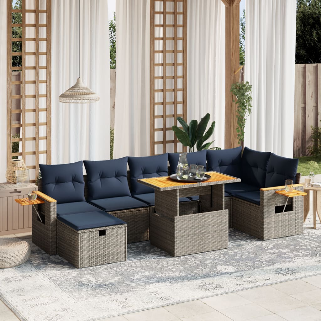 8 pcs conjunto sofás p/ jardim c/ almofadões vime PE cinzento