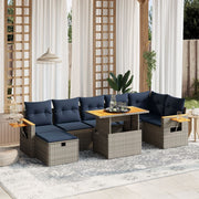 8 pcs conjunto sofás p/ jardim c/ almofadões vime PE cinzento