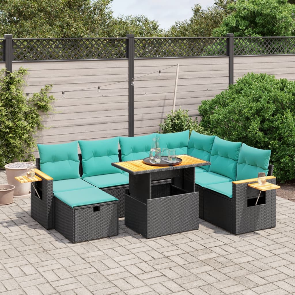 8 pcs conjunto de sofás p/ jardim c/ almofadões vime PE preto