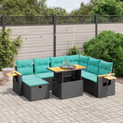 8 pcs conjunto de sofás p/ jardim c/ almofadões vime PE preto