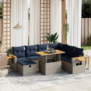 8 pcs conjunto sofás p/ jardim c/ almofadões vime PE cinzento