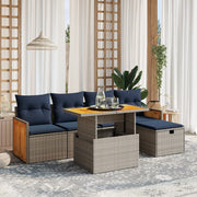 6 pcs conjunto sofás p/ jardim c/ almofadões vime PE cinzento