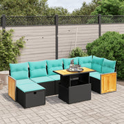 8 pcs conjunto de sofás p/ jardim c/ almofadões vime PE preto