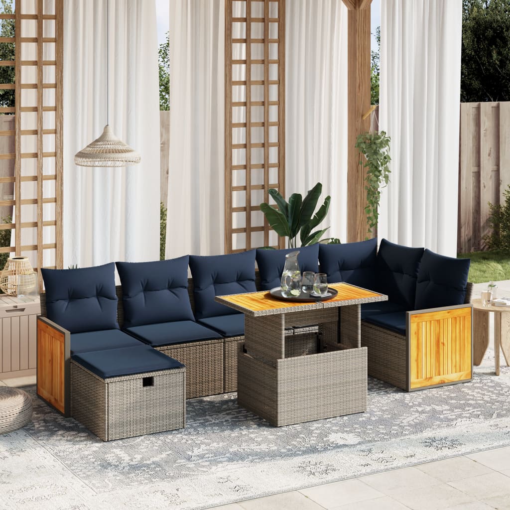 8 pcs conjunto sofás p/ jardim c/ almofadões vime PE cinzento