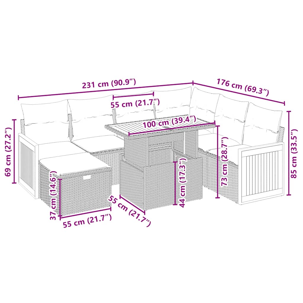 8 pcs conjunto de sofás p/ jardim com almofadões vime PE bege