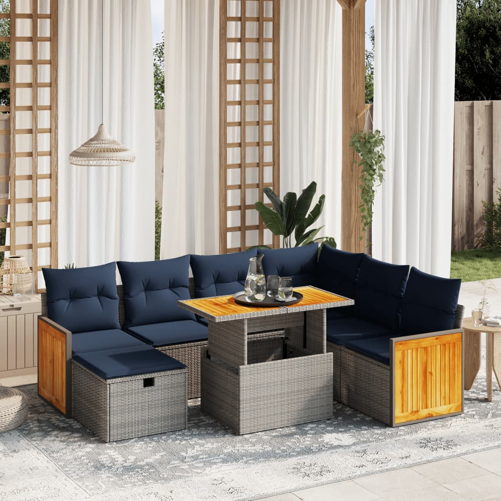 8 pcs conjunto sofás p/ jardim c/ almofadões vime PE cinzento