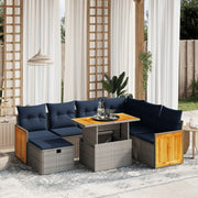 8 pcs conjunto sofás p/ jardim c/ almofadões vime PE cinzento