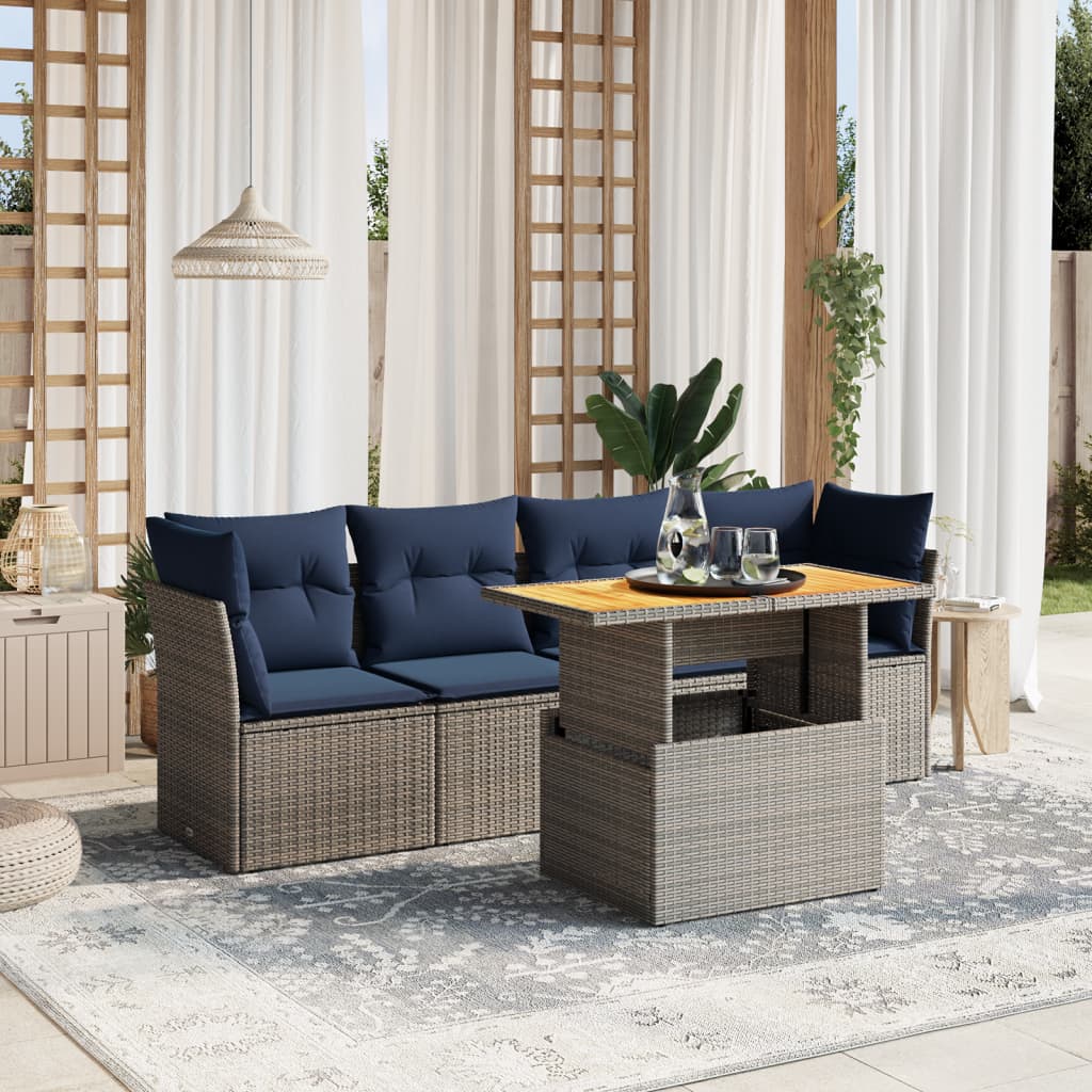 5 pcs conjunto sofás p/ jardim c/ almofadões vime PE cinzento