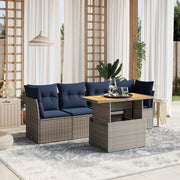 5 pcs conjunto sofás p/ jardim c/ almofadões vime PE cinzento