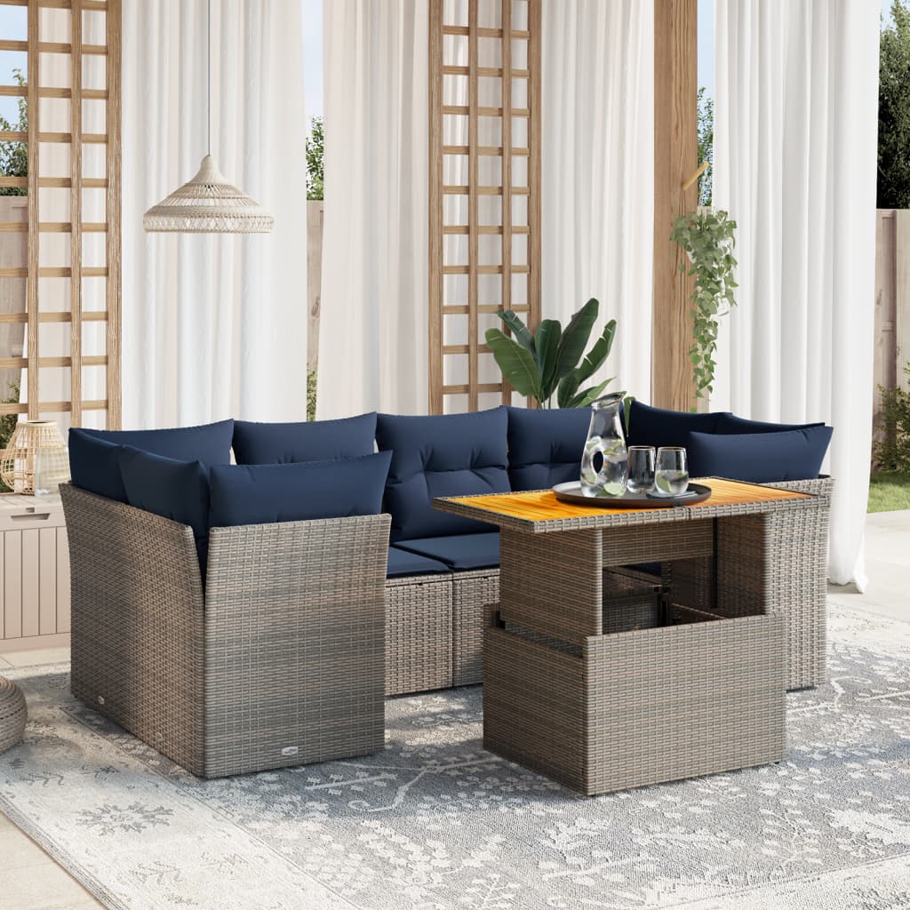 7 pcs conjunto sofás p/ jardim c/ almofadões vime PE cinzento